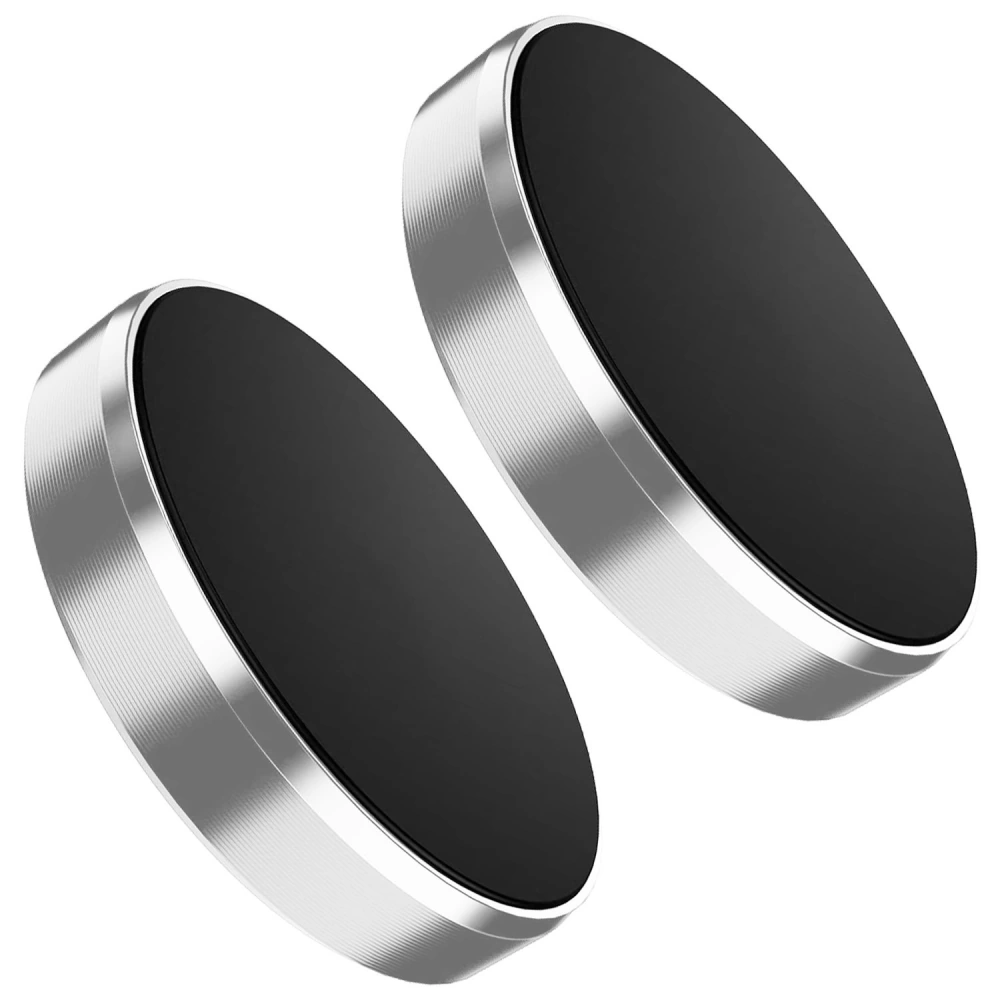 Pair of sleek, round black magnetic mounts with silver edges, ideal for securing devices or accessories.