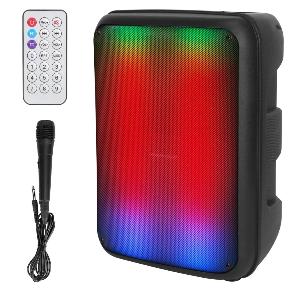 Portable Bluetooth speaker with colorful LED lights, remote control, and microphone for karaoke and party use.