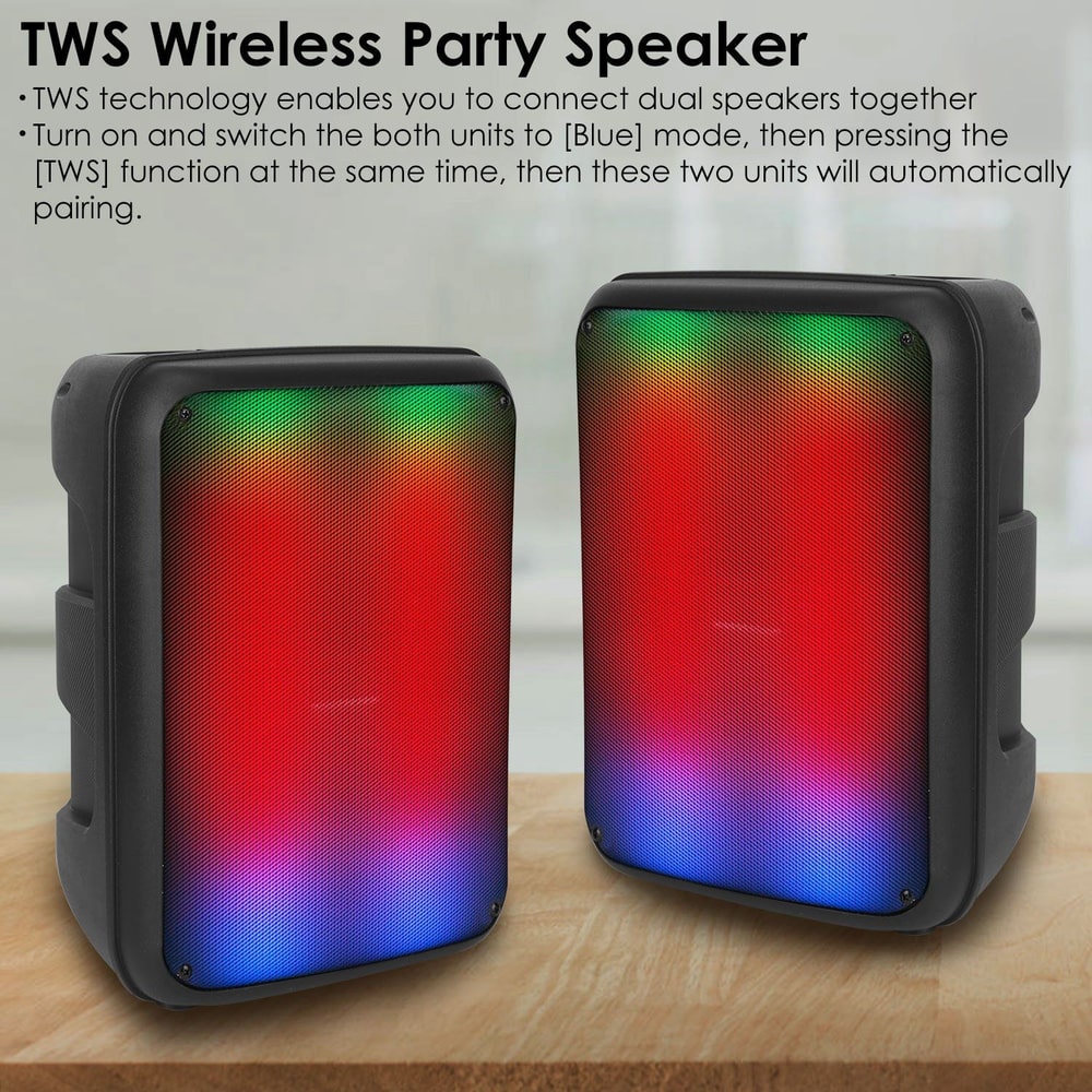TWS Wireless Party Speakers with colorful LED lights and dual connectivity for an enhanced audio experience.