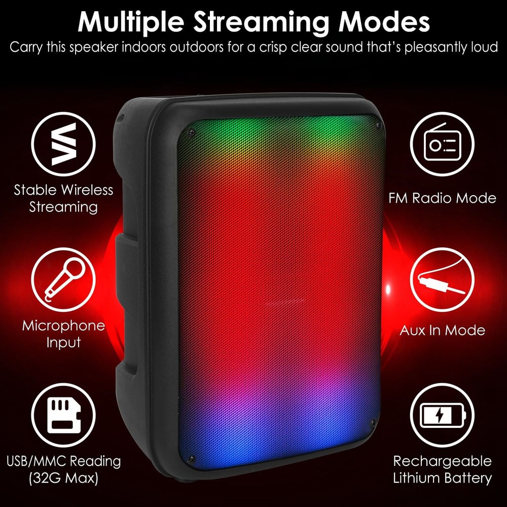 Portable Bluetooth speaker with colorful LED lights, microphone input, FM radio, auxiliary mode, USB/MMC support, and rechargeable lithium battery for versatile outdoor and indoor use.