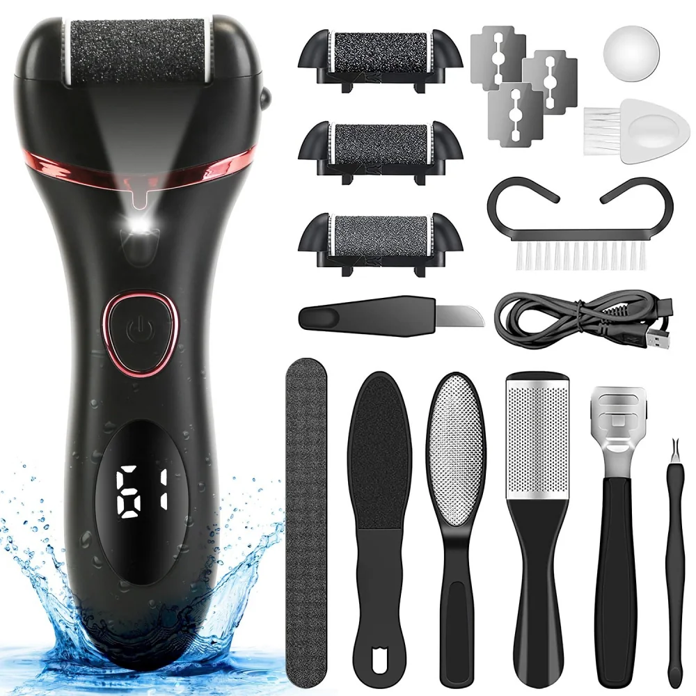 Electric foot file kit with multiple attachments, including grinding rollers and razors, designed for effective foot care and removal of calluses, displayed with a splash of water for a fresh, clean look.