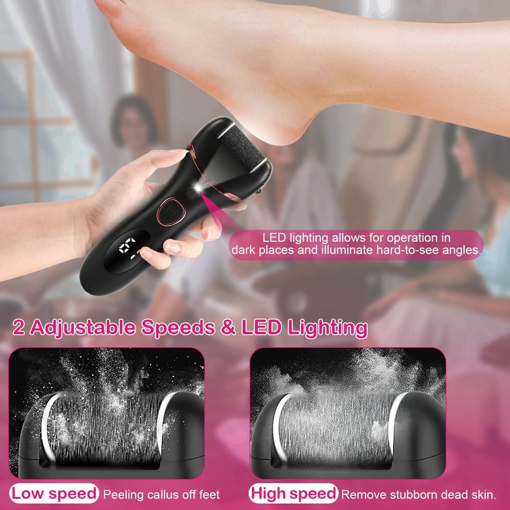 Electric foot file with LED lighting in use for foot care, showcasing 2 adjustable speeds for effective callus peeling and dead skin removal.