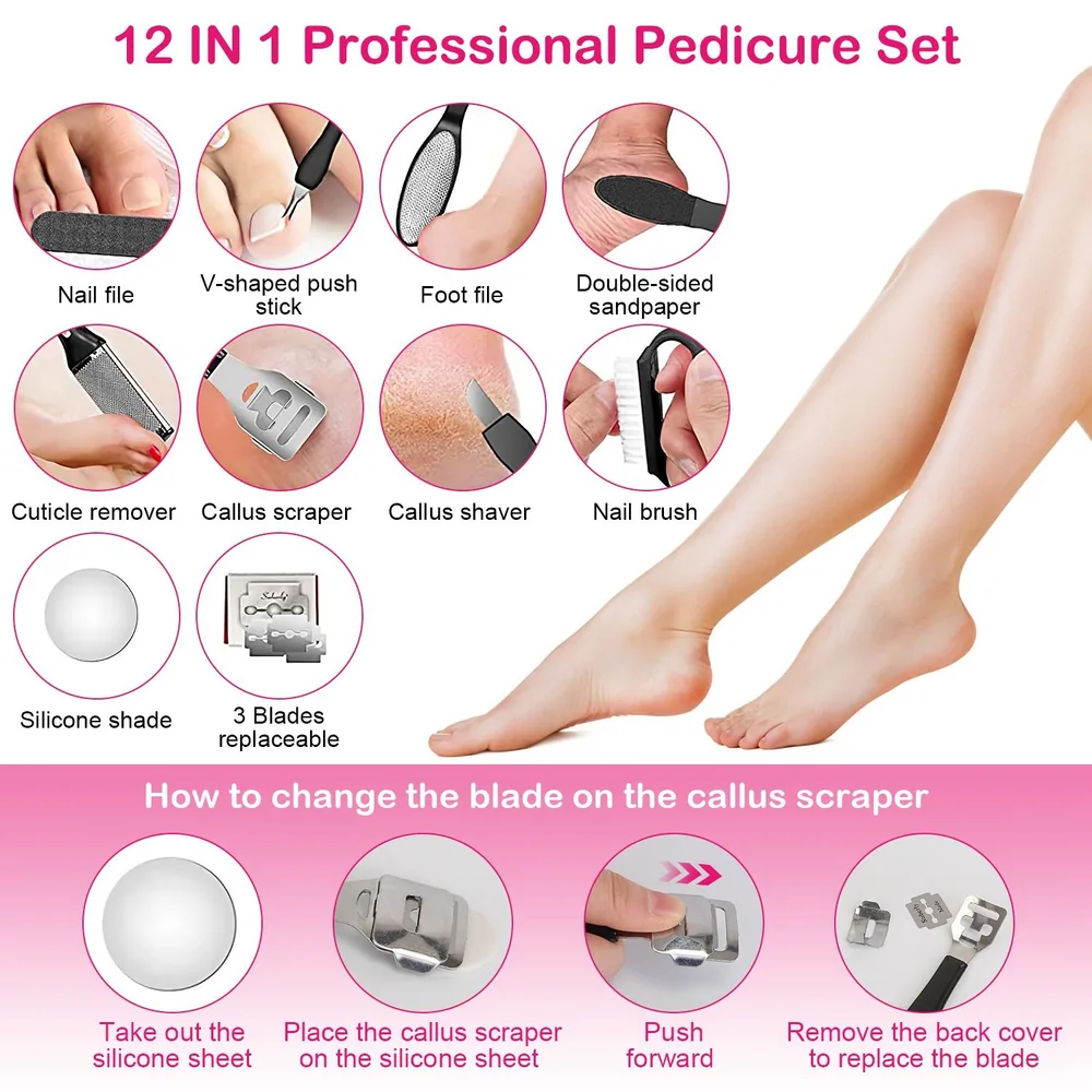 12-in-1 Professional Pedicure Set with various tools including a nail file, cuticle remover, callus scraper, and foot file, featuring easy blade replacement instructions and displayed on a model's smooth legs.