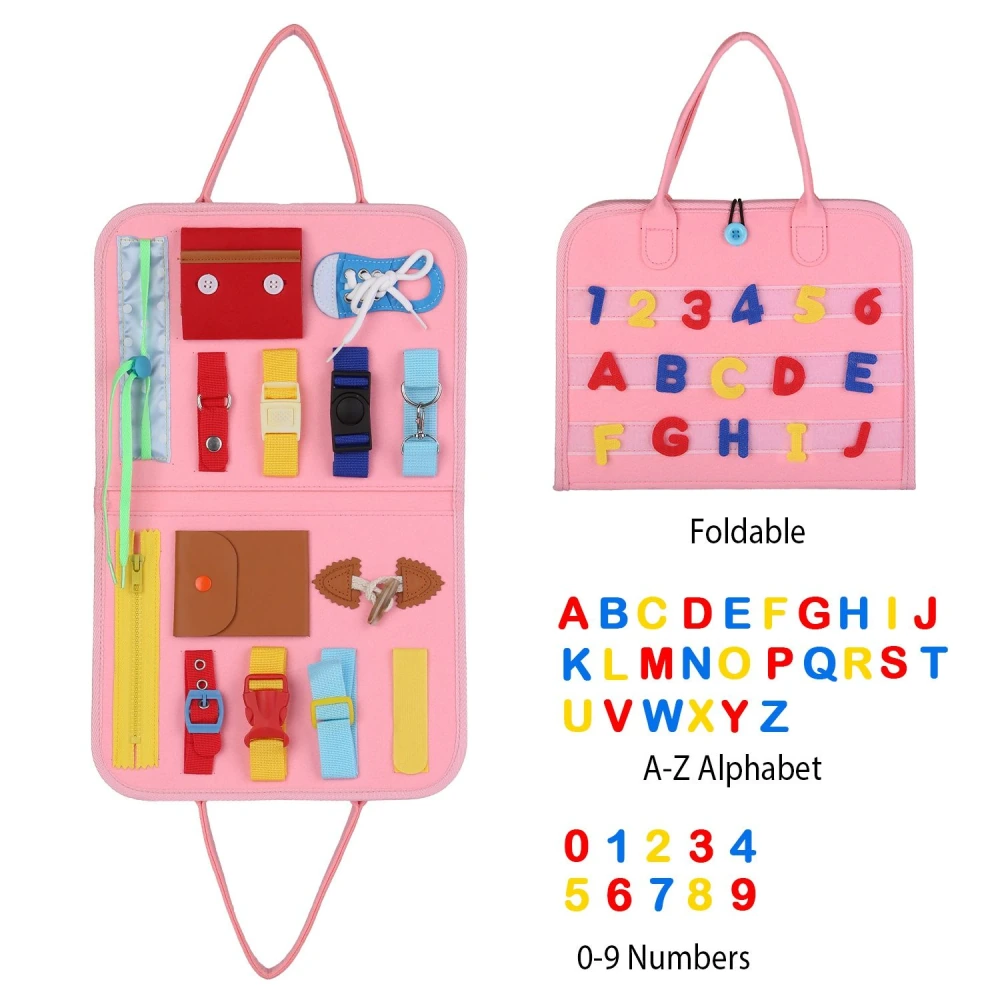 Foldable educational activity board in pink, featuring colorful A-Z letters, 0-9 numbers, various textures, and fasteners for enhanced fine motor skills development.