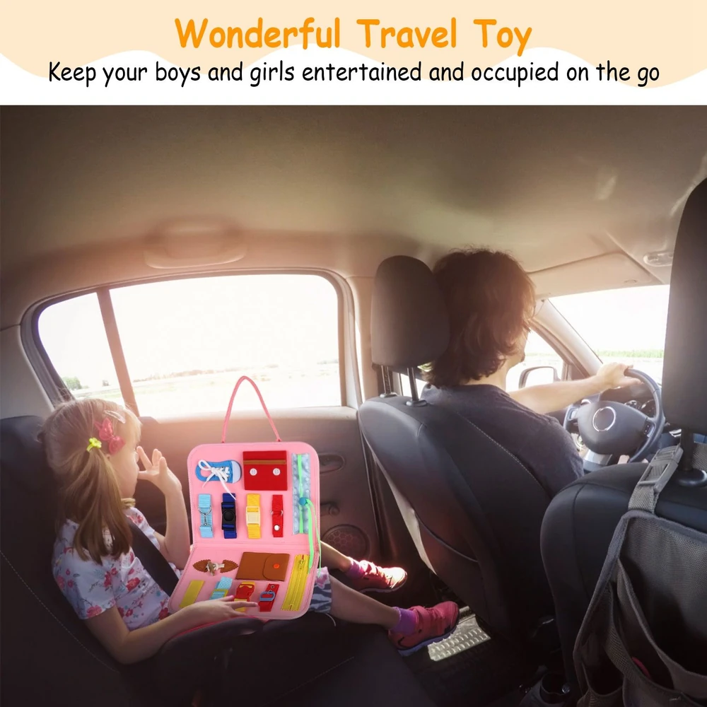 Colorful travel toy entertaining a child in the backseat of a car, promoting engagement and fun during road trips.