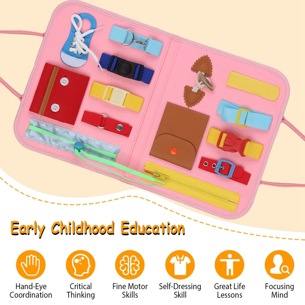 Colorful early childhood education activity book featuring various clasps, buttons, and zippers to enhance hand-eye coordination, critical thinking, and fine motor skills in young children.