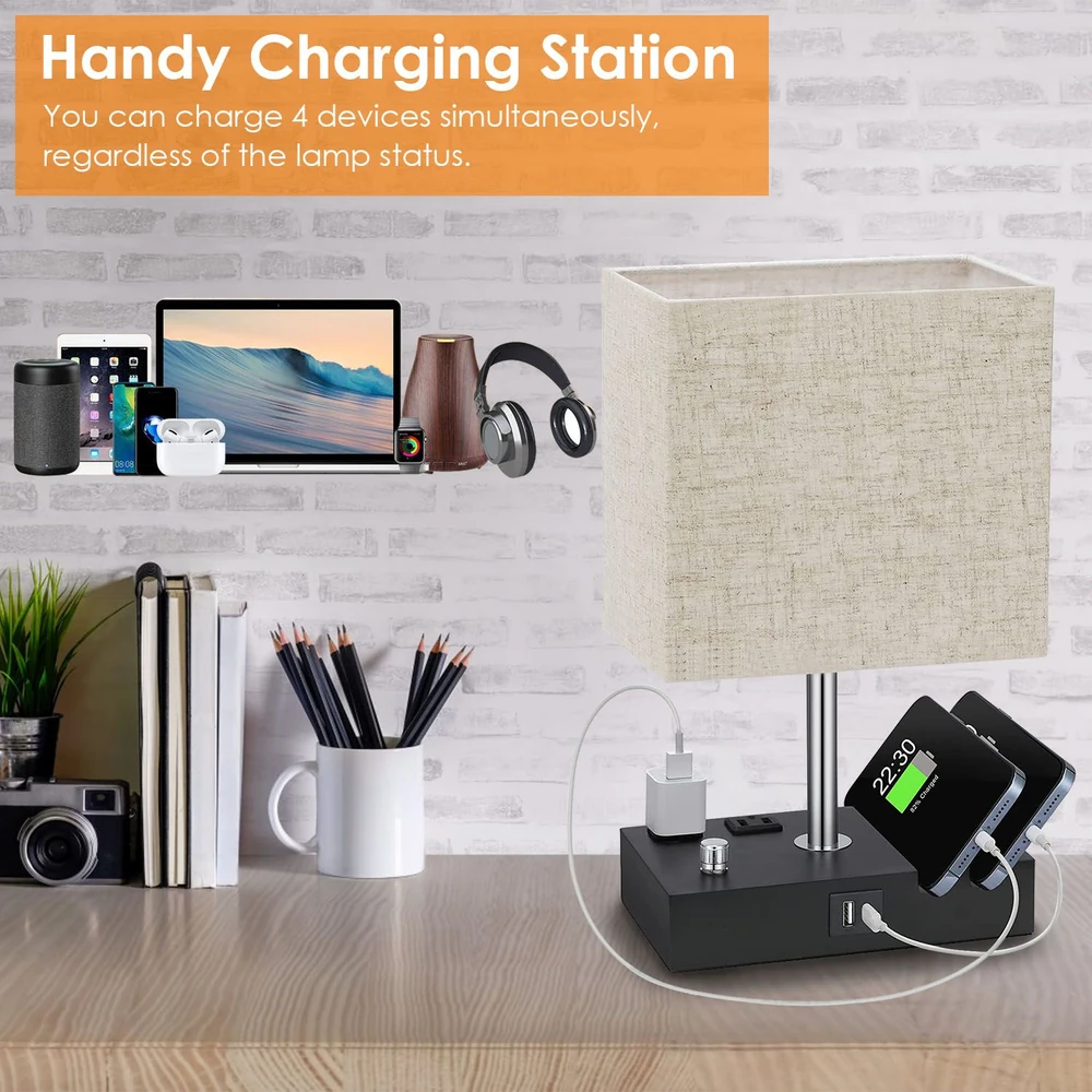 Multi-functional charging station lamp compatible with multiple devices, featuring a modern design and the ability to charge four devices simultaneously.