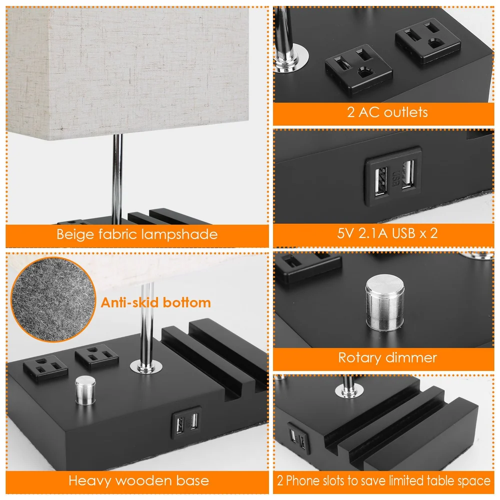Beige fabric lampshade table lamp with dual AC outlets, two 5V 2.1A USB ports, rotary dimmer, anti-skid bottom, and heavy wooden base, ideal for saving space and charging devices.