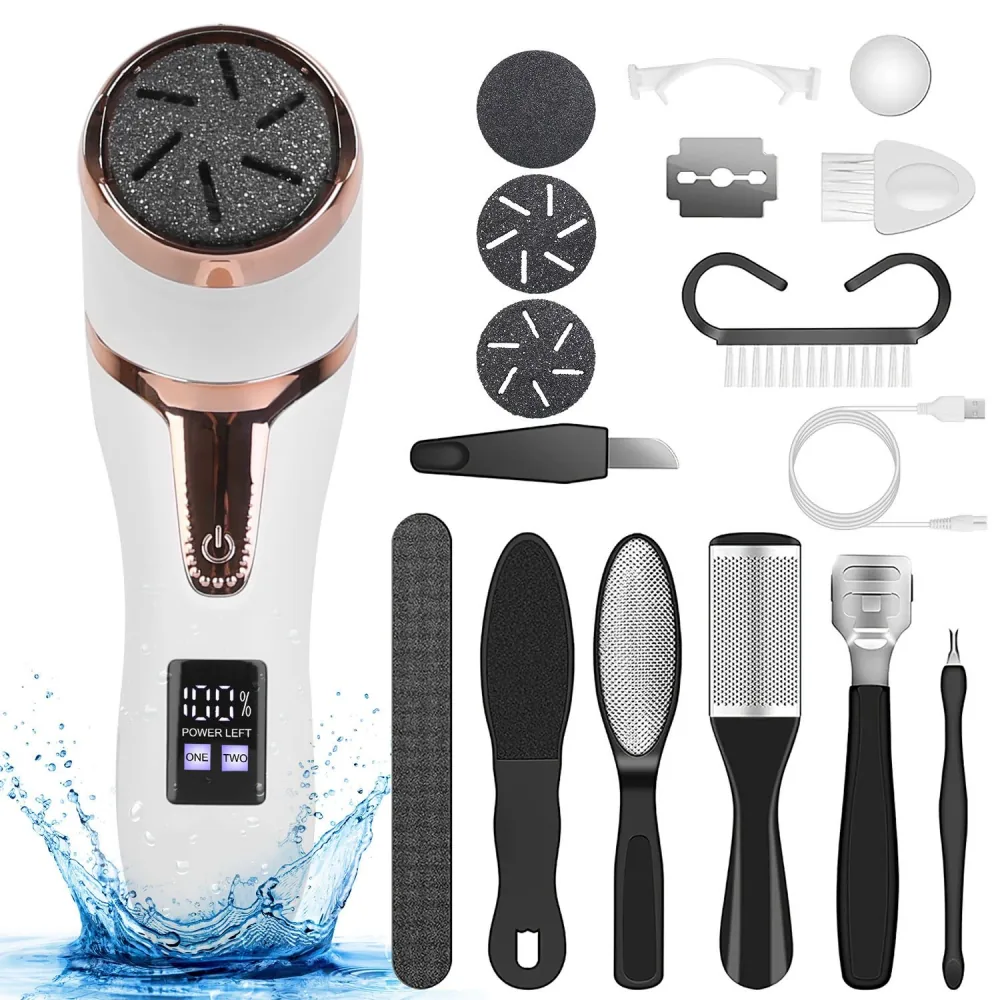 Electric foot file with multiple attachments and accessories, designed for smooth and soft feet, featuring a digital power display and sleek design in white and rose gold.