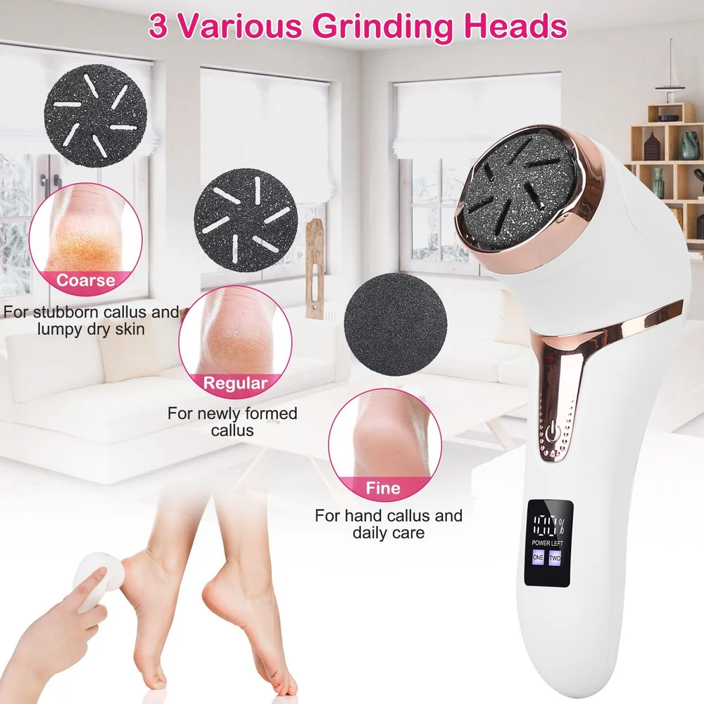 Electric foot file with three interchangeable grinding heads for coarse, regular, and fine exfoliation, designed to effectively remove calluses and soften dry skin at home.