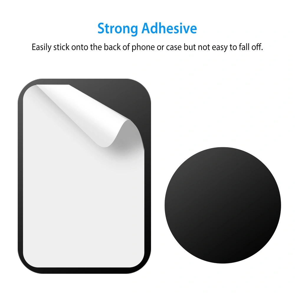 Black adhesive phone mount sticker with a removable backing showcased alongside its circular counterpart, demonstrating strong grip and easy application for secure attachment to phone cases.