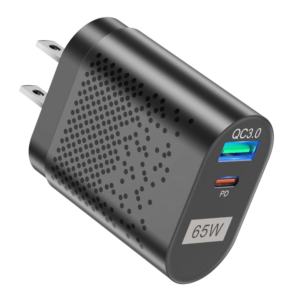 65W USB power adapter with Quick Charge 3.0 and Power Delivery ports, featuring a sleek black design and textured surface for improved grip.