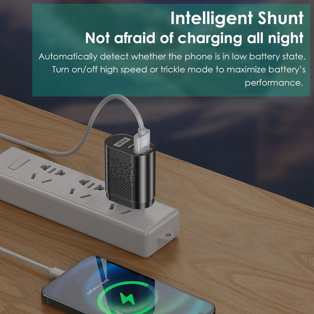 USB wall charger with intelligent shunt technology, plugged into a power strip with a smartphone displaying a charging indicator, designed for efficient overnight charging.