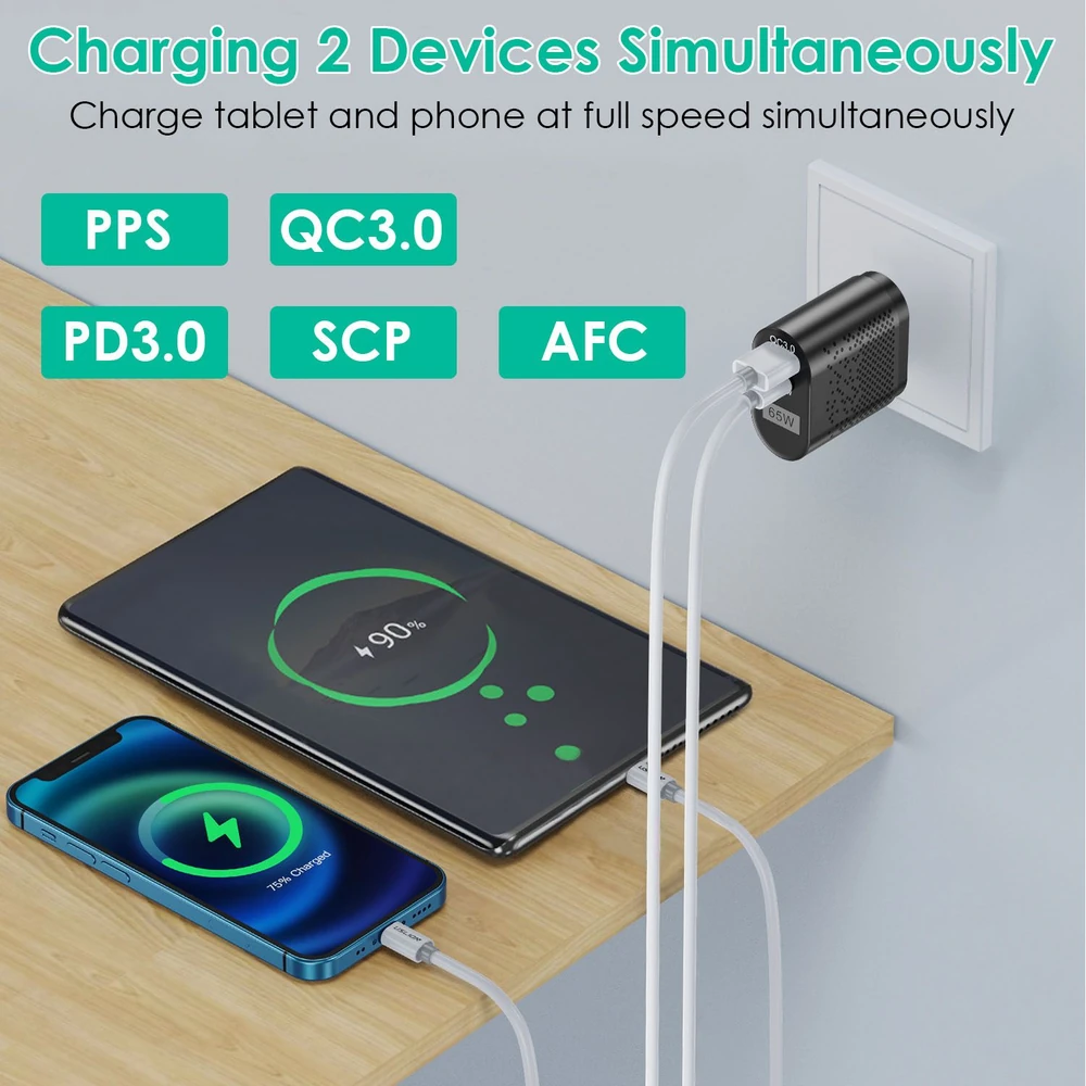 Dual-device charger with a sleek design charging a phone and tablet simultaneously, displaying battery levels of 90% and 18% on their screens, highlighting fast charging capabilities.