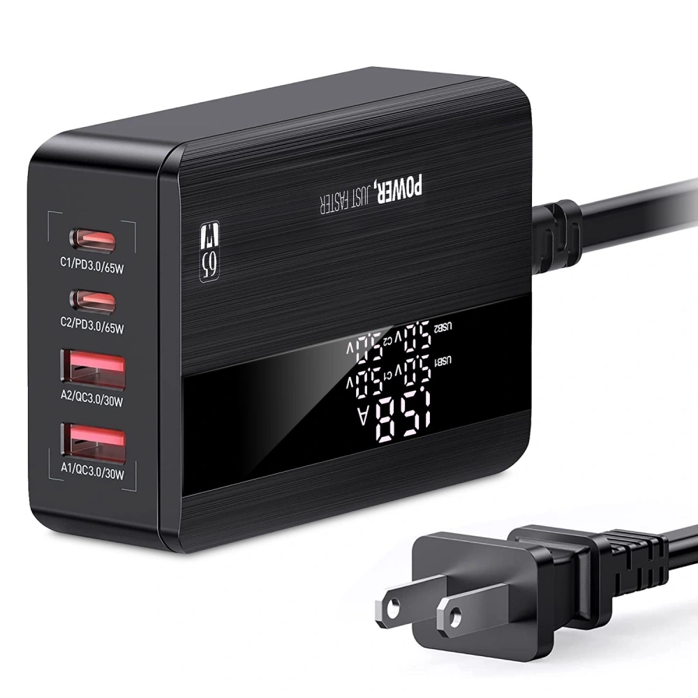 65W USB-C charger with multiple output ports, LED display, and detachable power cord, ideal for fast charging devices.