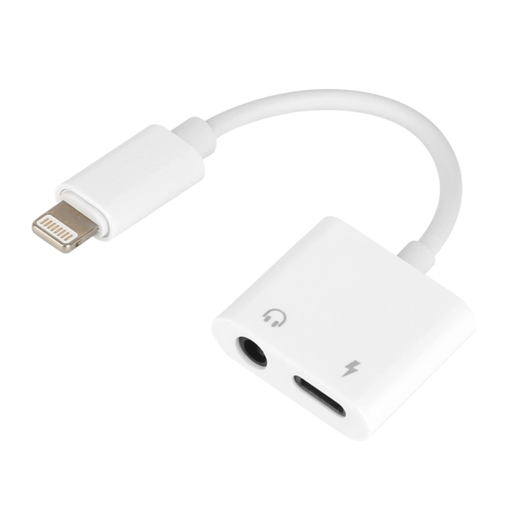 Lightning to 3.5mm headphone jack and charging adapter for Apple devices, featuring a white design and compact build.