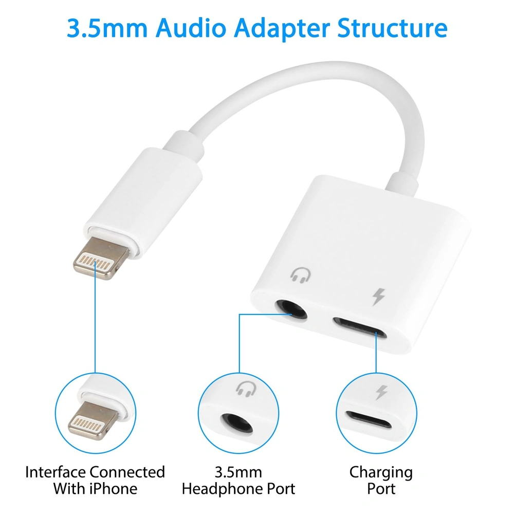 3.5mm audio adapter with Lightning connector for iPhone, featuring a 3.5mm headphone port and a charging port.