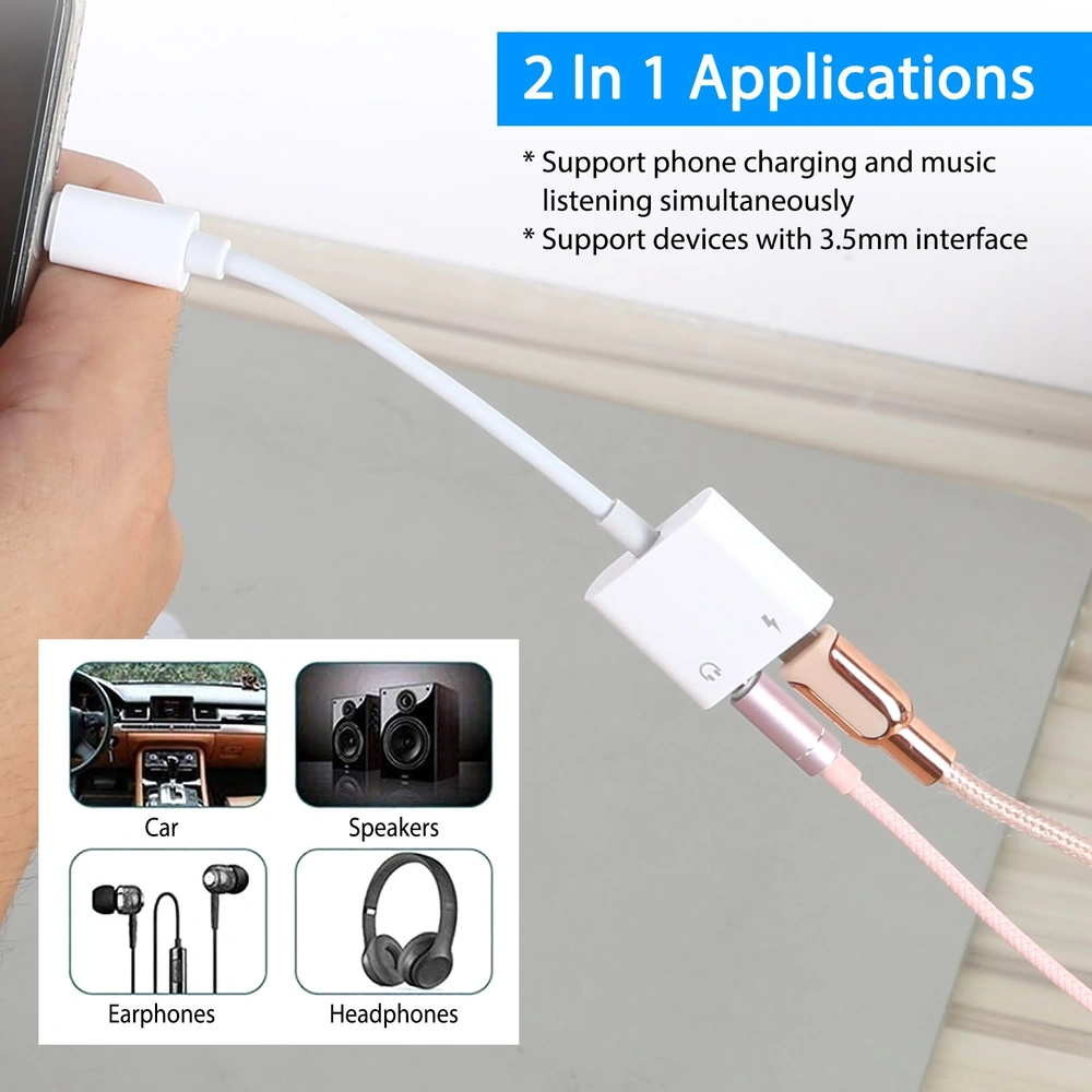 2-in-1 headphone and charging adapter connecting to a smartphone, with icons illustrating compatibility with cars, speakers, earphones, and headphones, showcasing its multifunctional use.