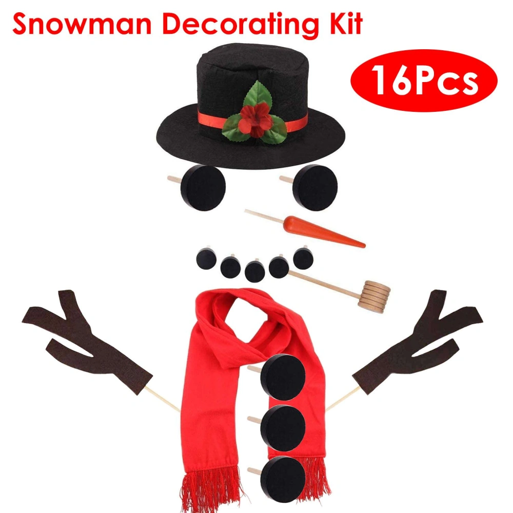 Snowman decorating kit with 16 pieces including a black top hat with a flower, felt arms, a carrot nose, buttons, a red scarf, and a wooden mallet for festive winter fun.
