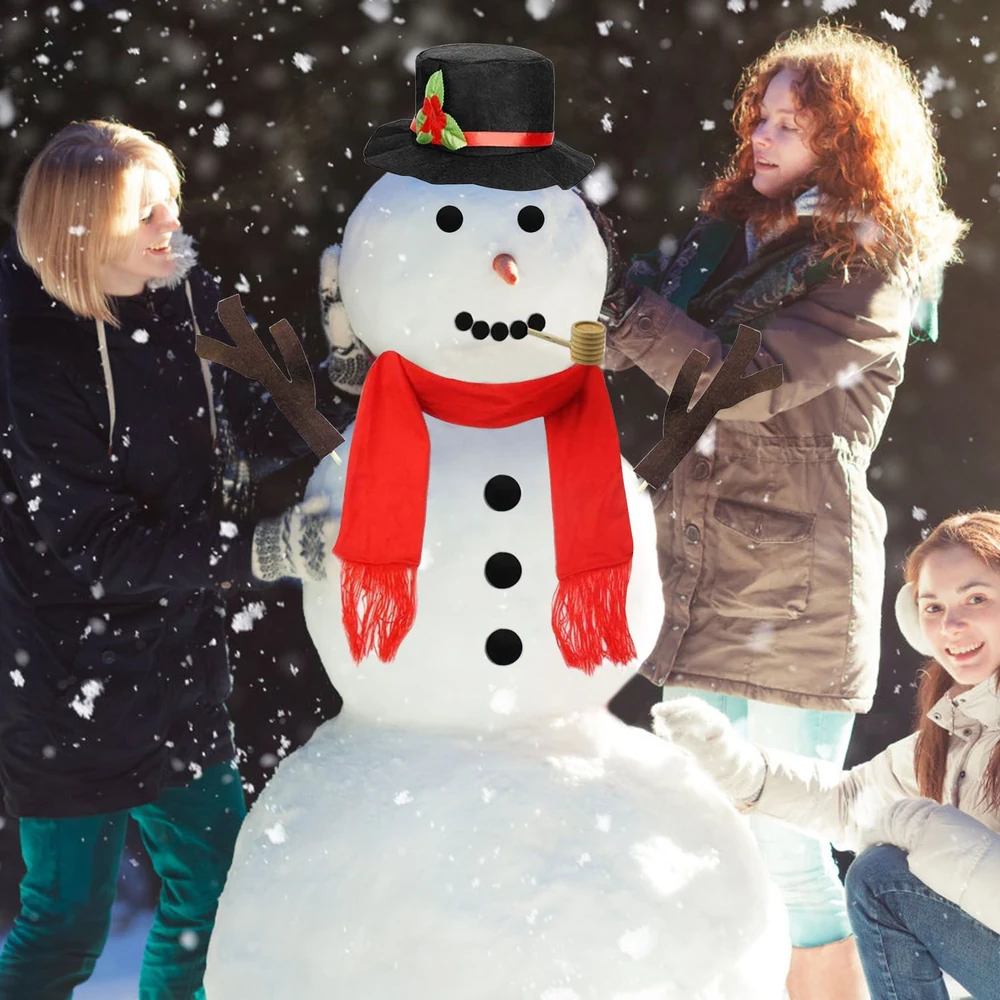 Cheerful snowman wearing a black hat and red scarf, surrounded by children playing in the snow during winter.