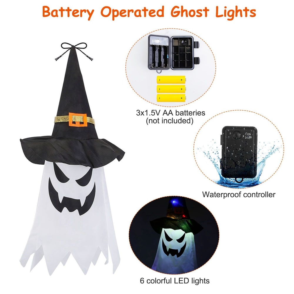 Battery-operated ghost lights with a black witch hat design, featuring a spooky face, six colorful LED lights, and a waterproof controller, ideal for Halloween decorations.