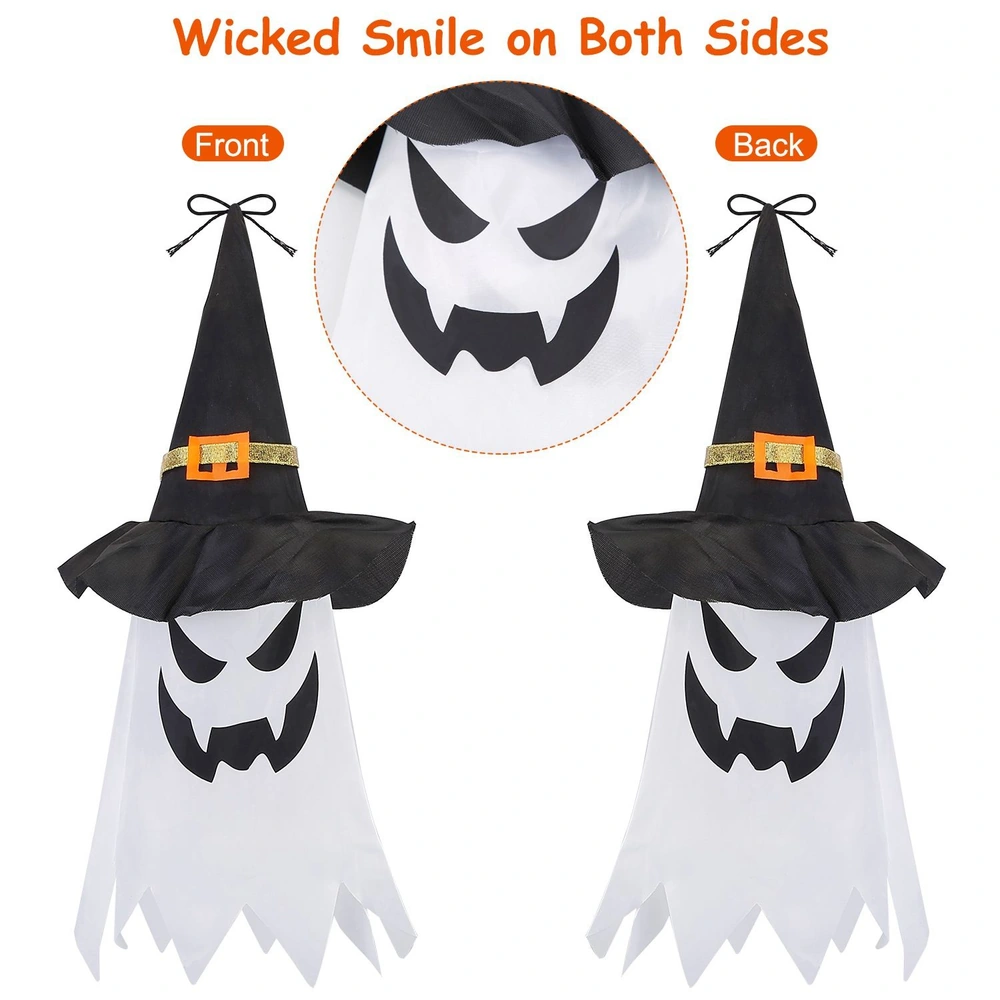 Halloween ghost decoration with a wicked smile on both sides, featuring a black witch hat and a white ghostly body.