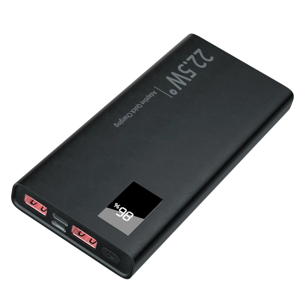 Portable 22.5W power bank with digital display, two USB output ports, and a sleek black design for fast charging on the go.