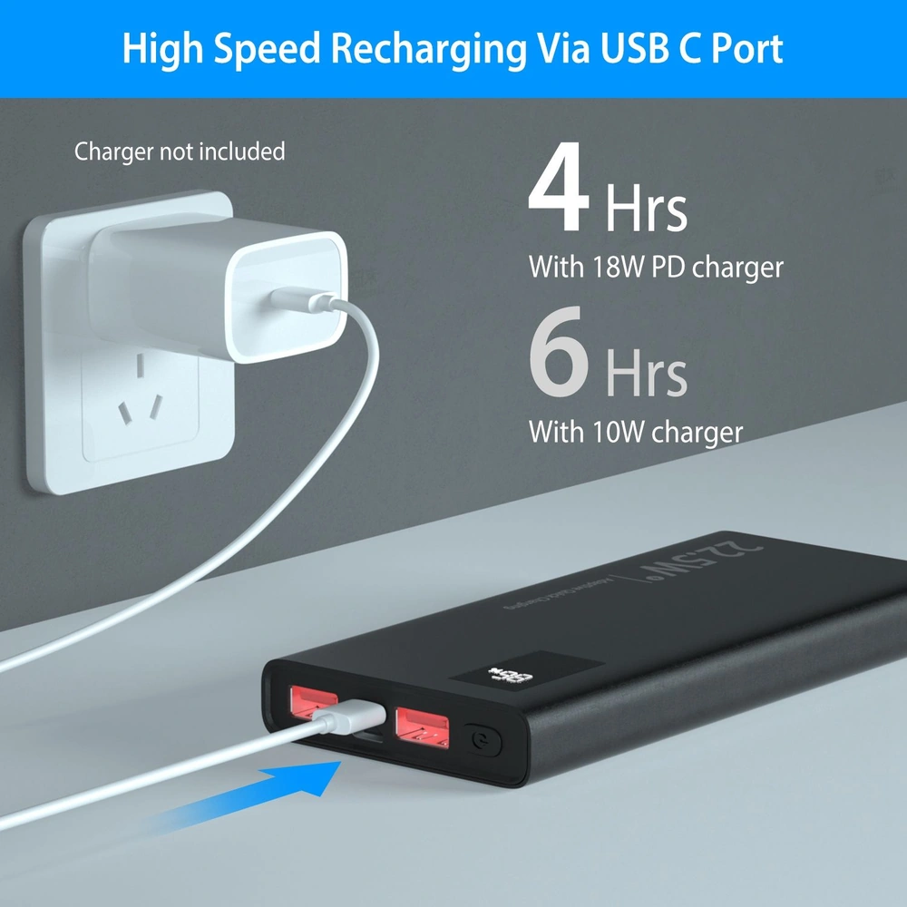High-capacity power bank with USB-C port showing fast charging capabilities, indicating 4 hours recharge time with 18W PD charger and 6 hours with a 10W charger.