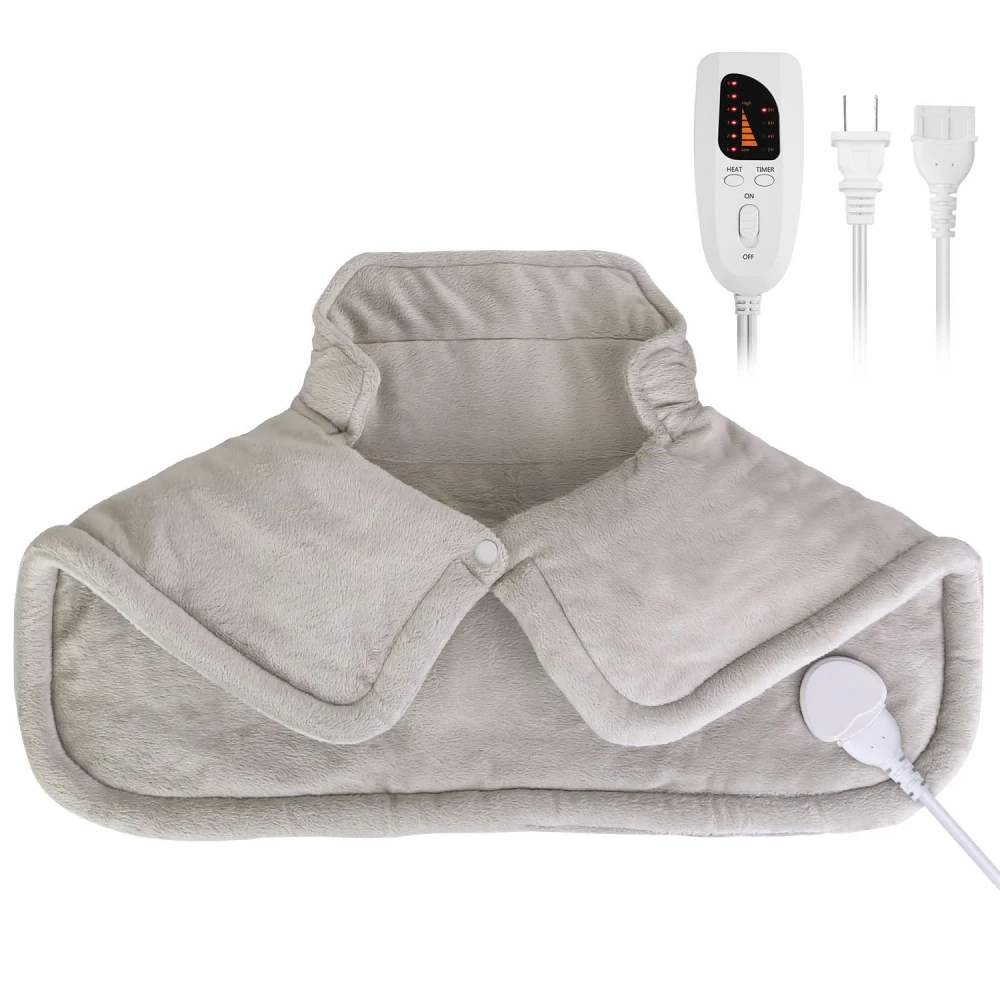 Heated neck and shoulder wrap with soft gray fleece fabric and adjustable settings for pain relief and relaxation, featuring an easy-to-use control panel and power cords.