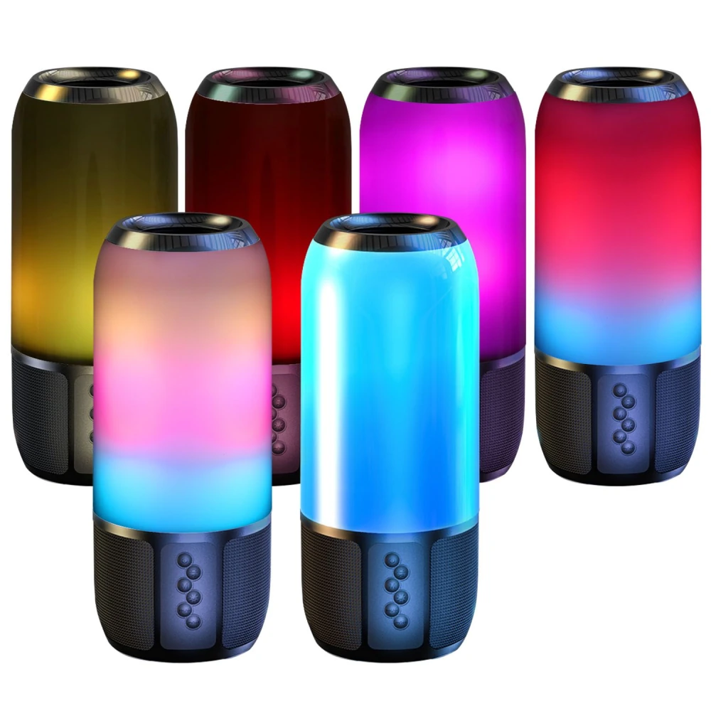 Multicolor wireless Bluetooth speakers with vibrant LED lights, showcasing a sleek cylindrical design and easy-to-use control buttons on the front.