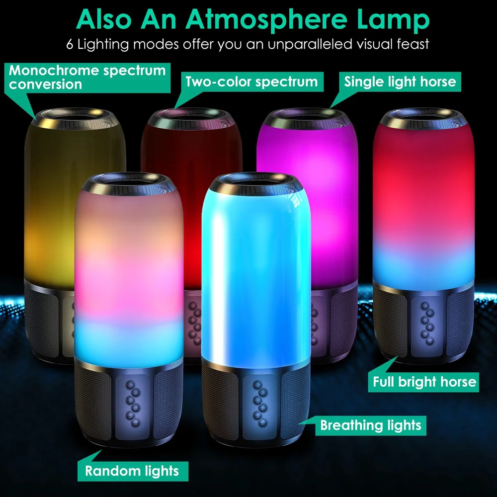 Colorful atmosphere lamp with multiple lighting modes, featuring six options including monochrome, two-color spectrum, random lights, full bright, single light horse, and breathing lights, perfect for enhancing ambiance in any space.