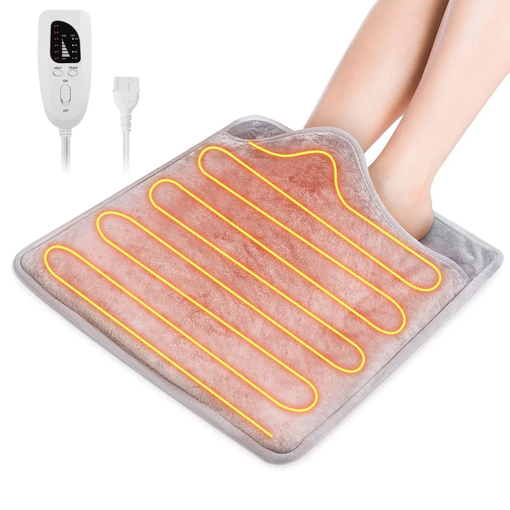 Electric heated foot warmer pad with adjustable temperature and timer settings, featuring a plush design and visible heating elements, ideal for soothing tired feet.