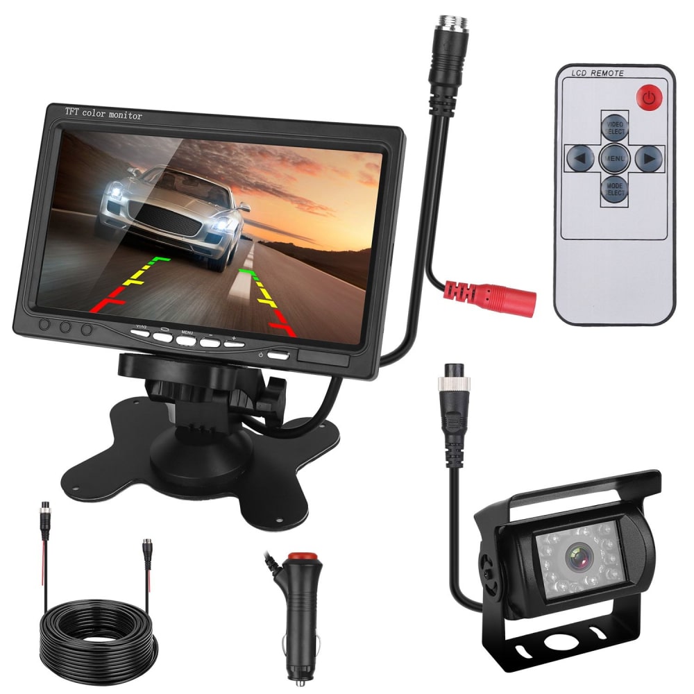 7-inch TFT color monitor with remote control, car backup camera, mounting bracket, and cables, designed for enhanced vehicle safety and parking assistance.