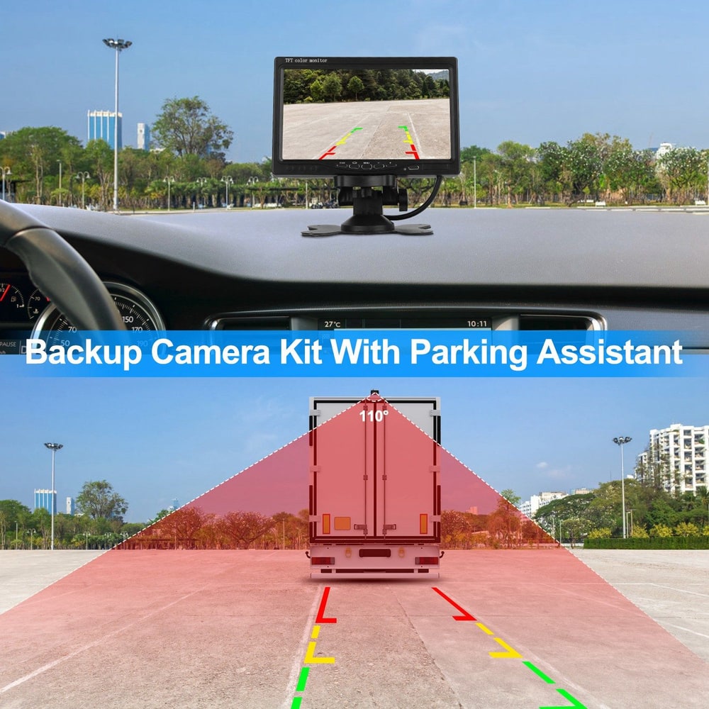 Backup camera kit with parking assistant showing a dashboard monitor display and rear view of a truck with parking guidelines.