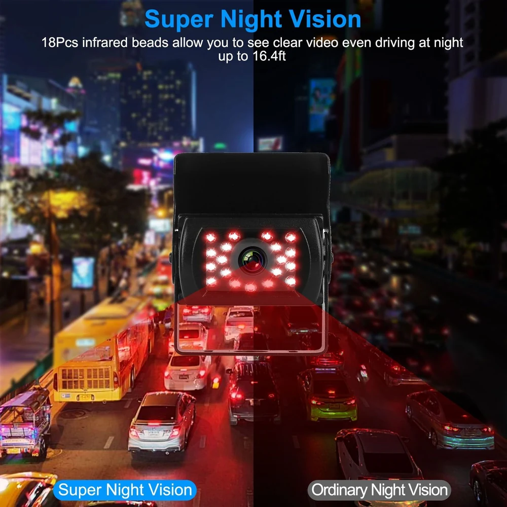 Super night vision camera with 18 infrared beads for clear nighttime video up to 16.4ft, contrasted against a vibrant city scene filled with traffic.