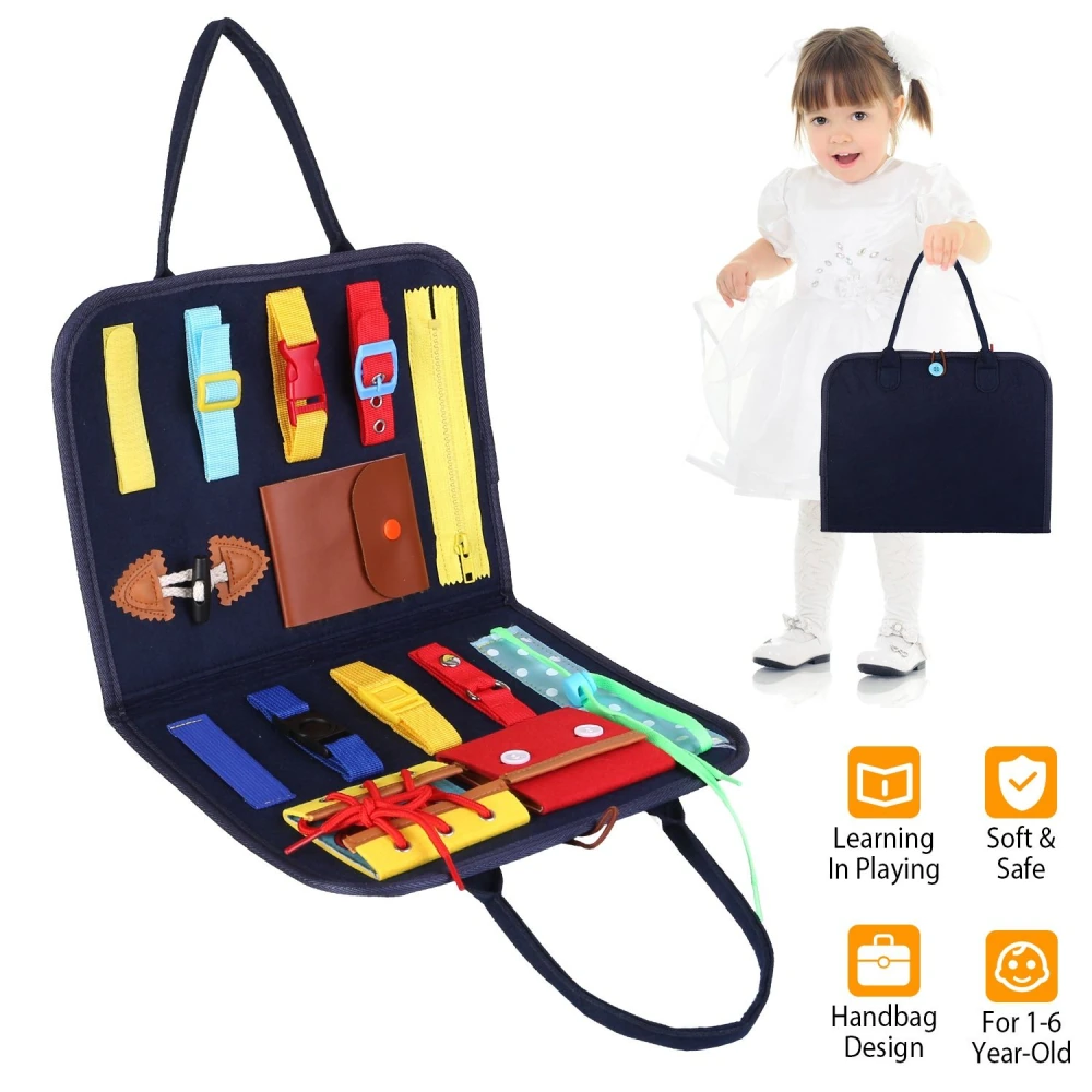 Children's learning activity bag featuring colorful buckles, zippers, and clasps, designed for ages 1-6, promoting safe and fun play.
