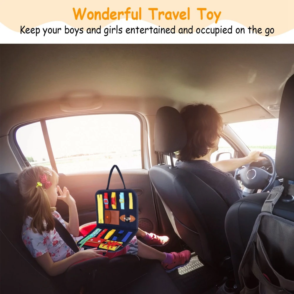 Child playing with a colorful travel toy in the backseat of a car while an adult drives, perfect for keeping kids entertained during road trips.