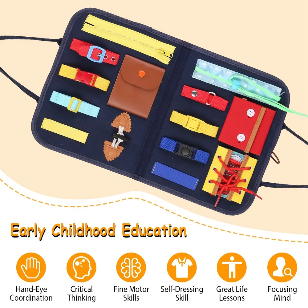 Educational busy board for early childhood development featuring various fasteners and textures to enhance fine motor skills, hand-eye coordination, and critical thinking.