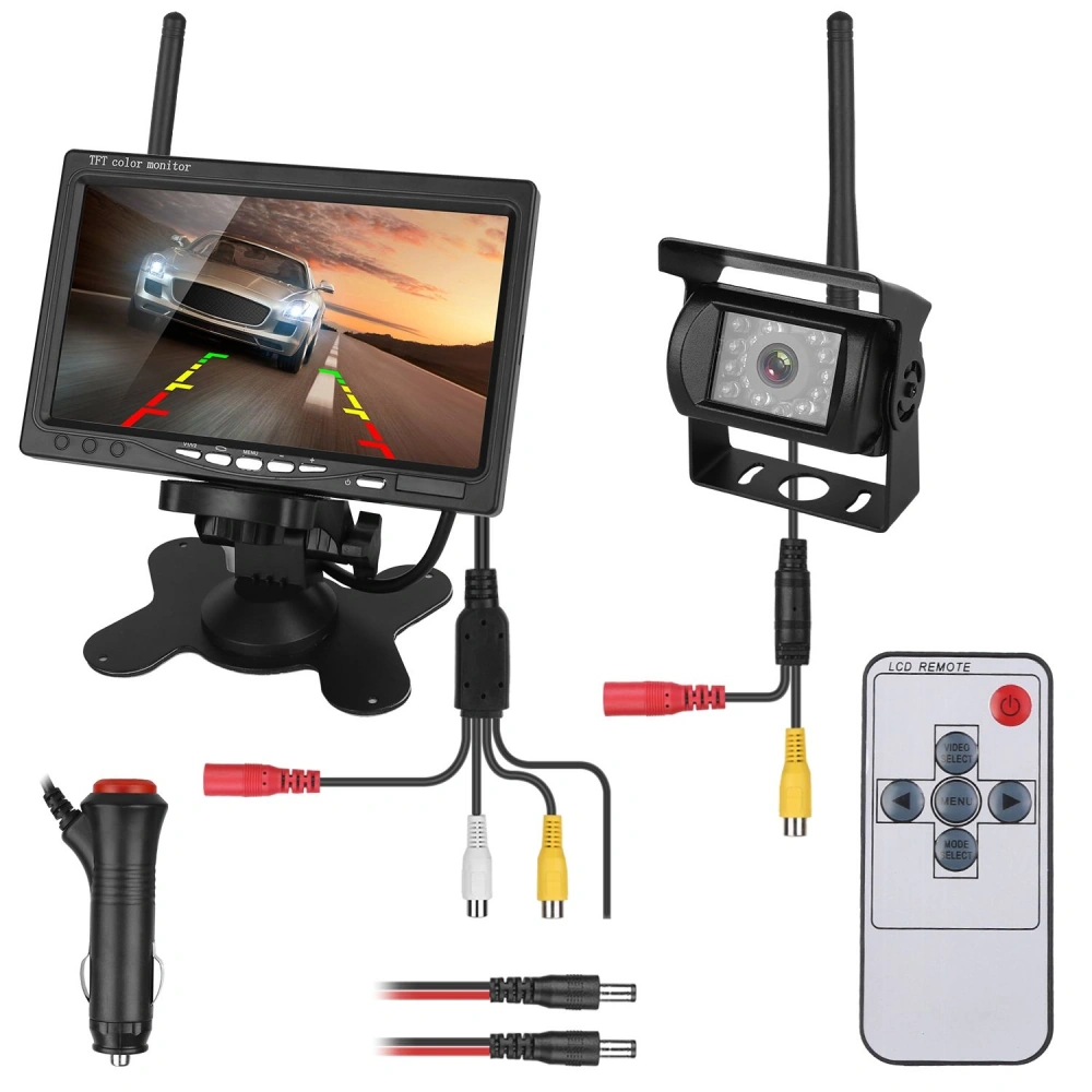 Wireless rearview camera system with 7-inch TFT color monitor, featuring remote control, power adapter, and video cables for easy installation and enhanced vehicle safety.