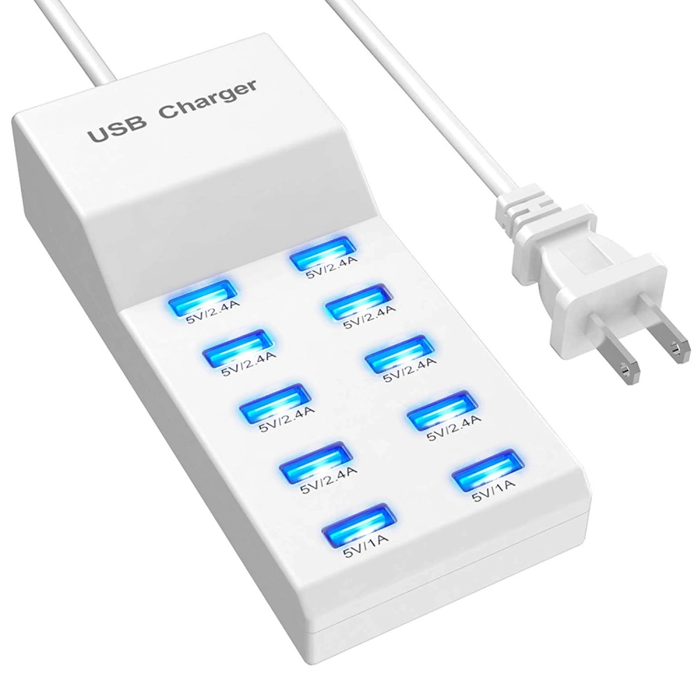 USB charging station with 10 ports, featuring blue LED indicators, providing multiple charging options for smartphones and tablets.