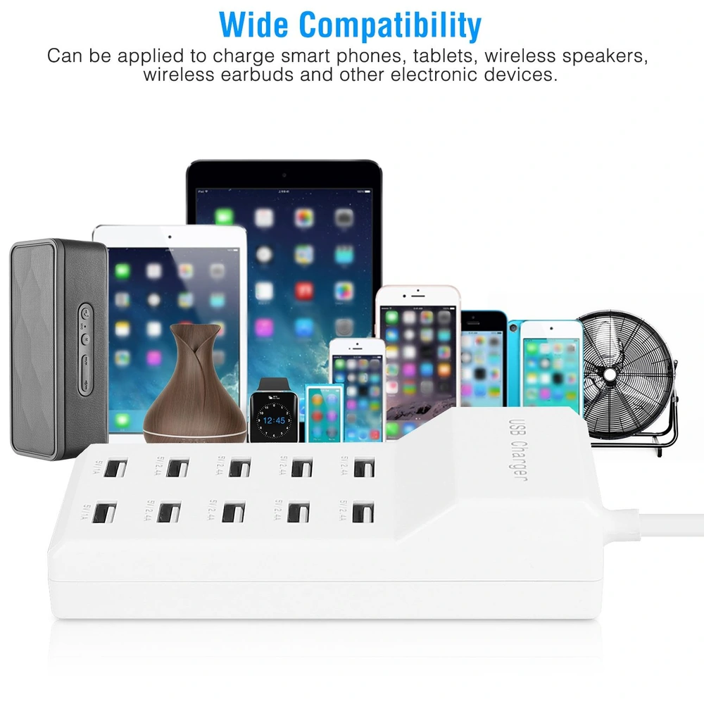 Universal USB charger with multiple ports, surrounded by various devices including smartphones, tablets, wireless speakers, and smartwatches, highlighting its wide compatibility for charging electronic gadgets.