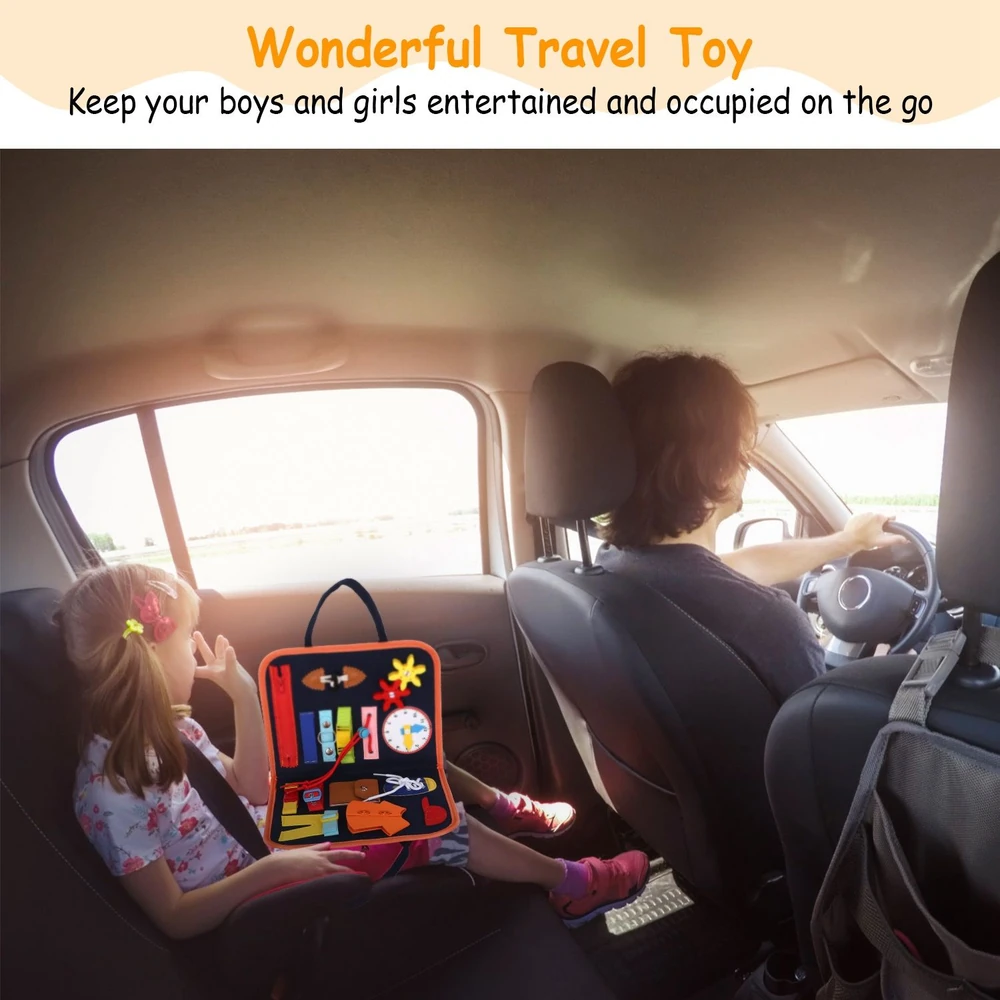 Child enjoying a colorful travel toy in the backseat of a car, designed to keep kids entertained on long journeys.
