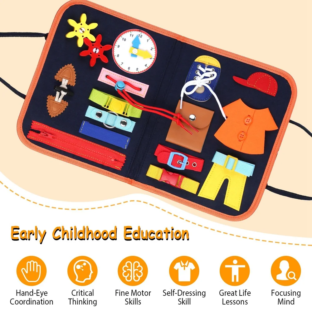 Educational activity felt book for toddlers featuring colorful zippers, buttons, laces, and shapes to enhance fine motor skills, hand-eye coordination, and self-dressing abilities.