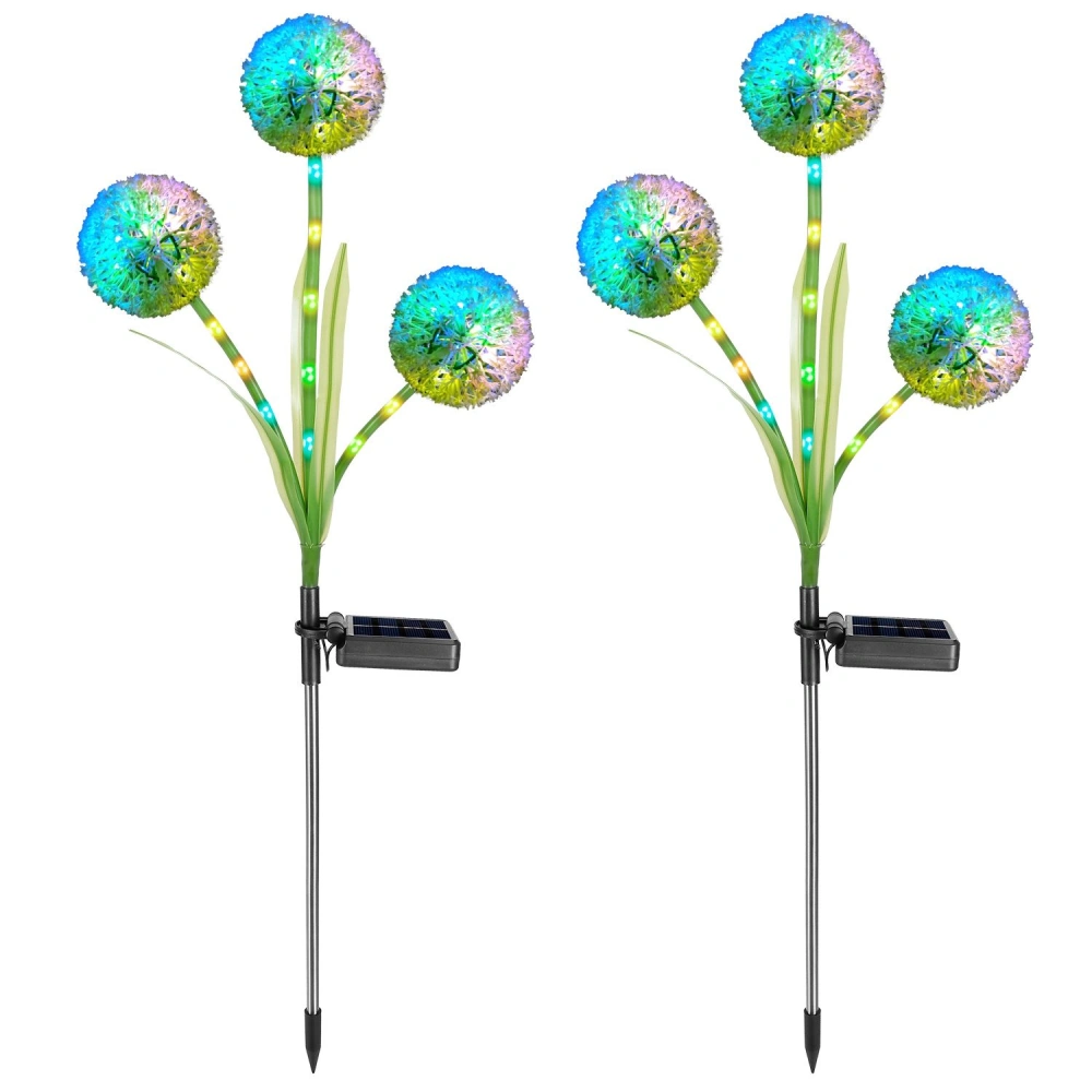 Colorful solar-powered garden stake lights with vibrant dandelion-shaped flower heads and LED accents, perfect for outdoor decor.