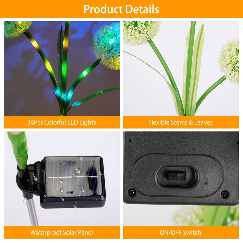 Colorful LED solar garden light featuring 36 vibrant LEDs, flexible stems and leaves, waterproof solar panel, and an easy-to-use ON/OFF switch.