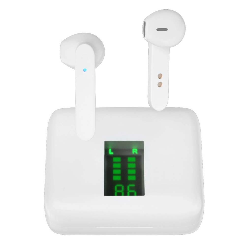 Wireless earbuds with charging case displaying battery levels, featuring a sleek white design and LED indicators.