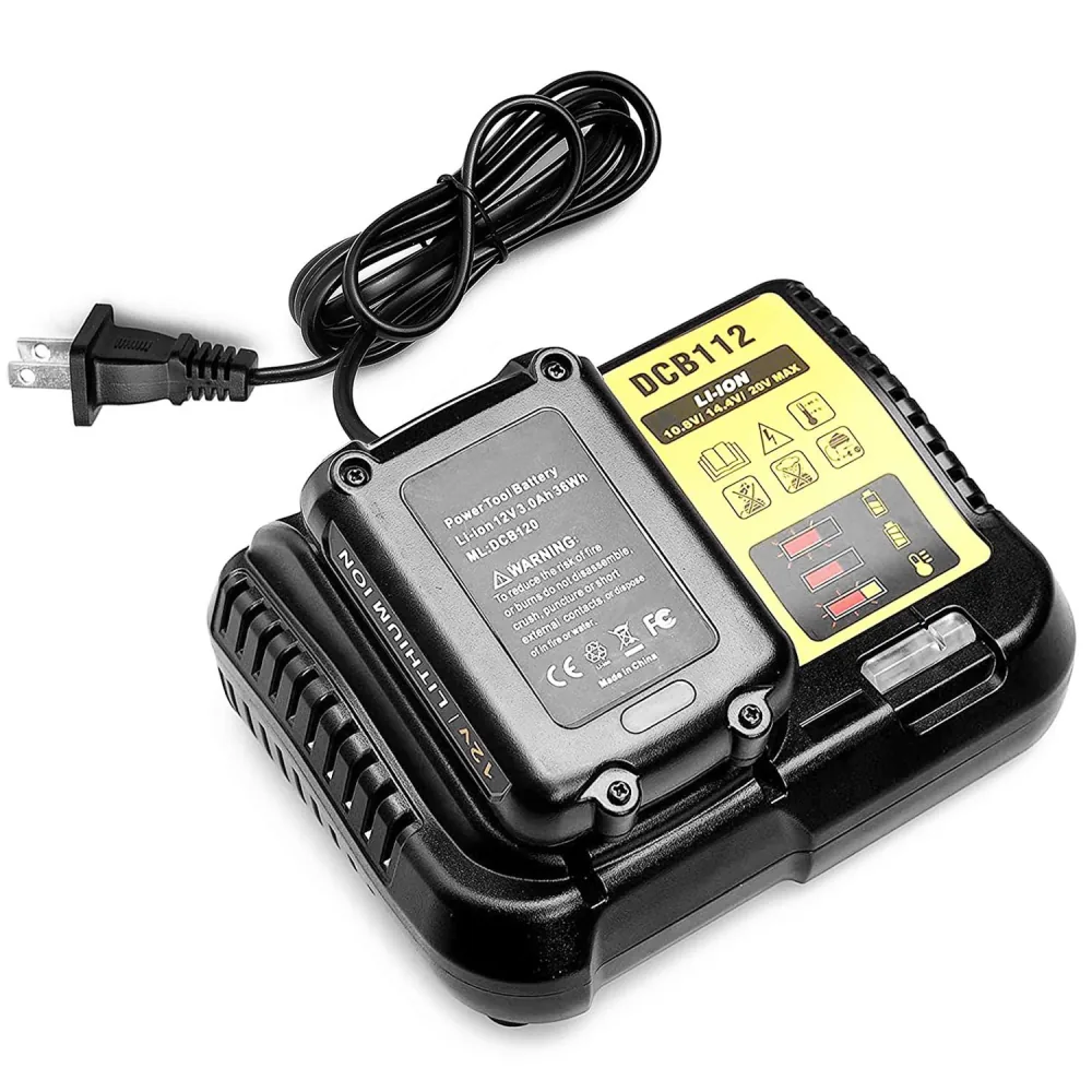 DCB112 lithium-ion battery charger with power cord, featuring LED indicators for charging status and compatibility with 10.8V and 14-20V batteries.