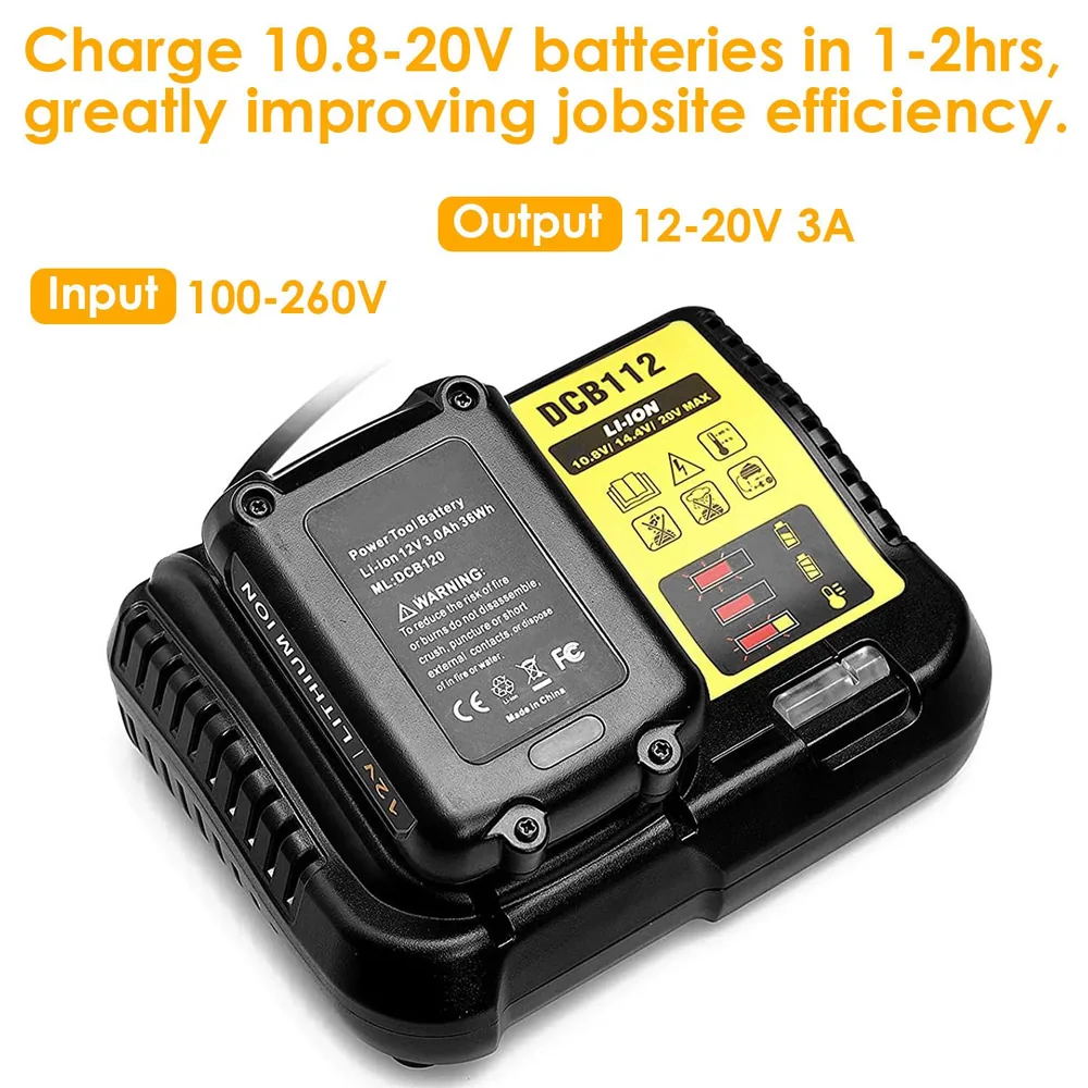 DCB112 lithium-ion battery charger, designed for 10.8-20V batteries, with input voltage of 100-260V and output of 12-20V 3A, emphasizing efficient charging in 1-2 hours for enhanced jobsite productivity.