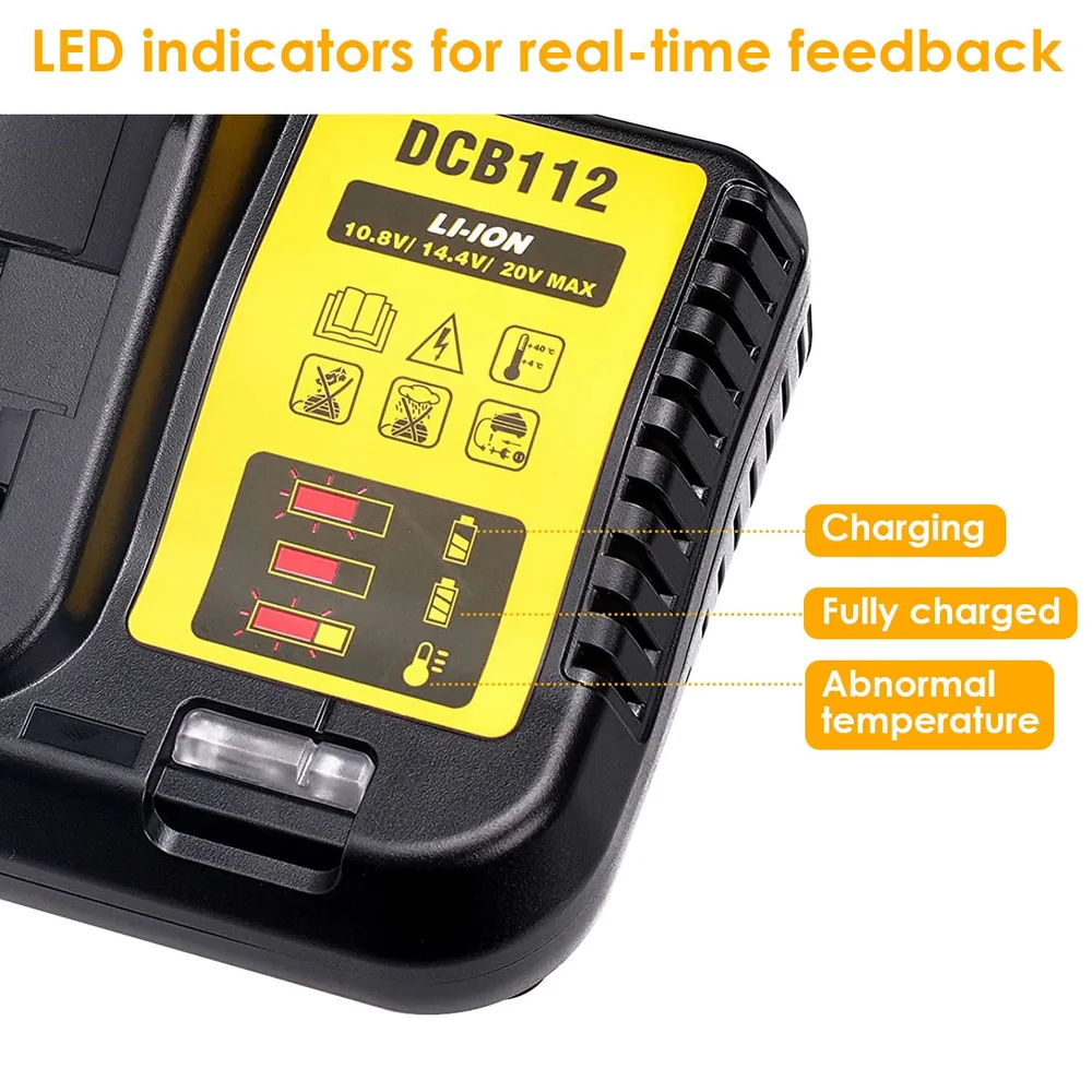 DCB112 Li-Ion battery charger featuring LED indicators for charging status, fully charged, and abnormal temperature alerts on a yellow label.