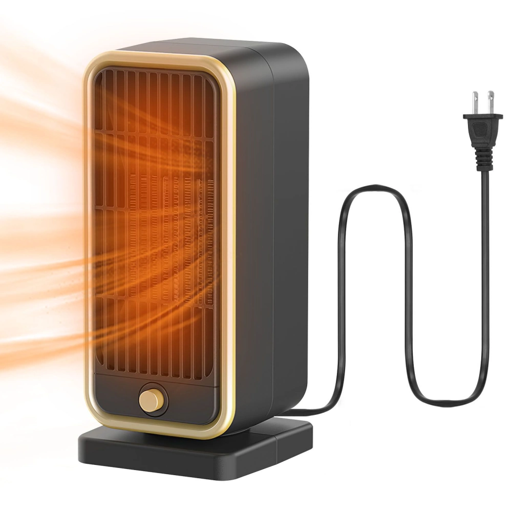 Compact electric heater with a sleek black and gold design, emitting warm airflow, ideal for home or office use.